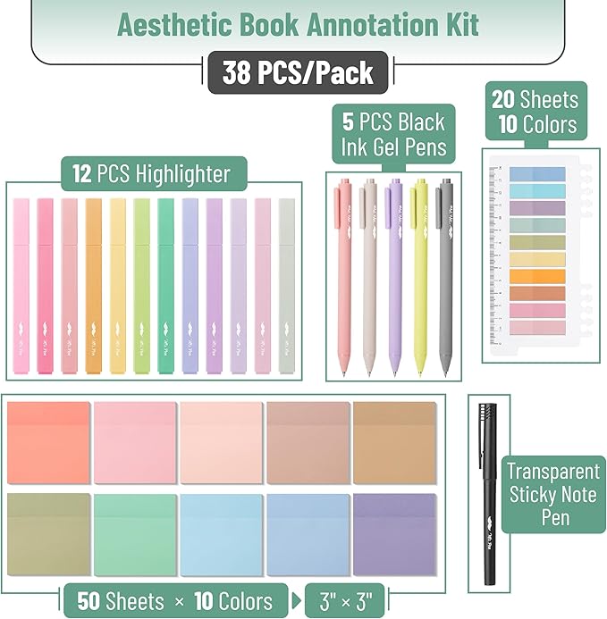 Mr. Pen- Aesthetic Book Annotation Kit, 38 pcs, Aesthetic Highlighters and Gel Pens, Transparent Sticky Notes, Transparent Sticky Tabs for Books, No Bleed Highlighters for Bible Pages No Bleed