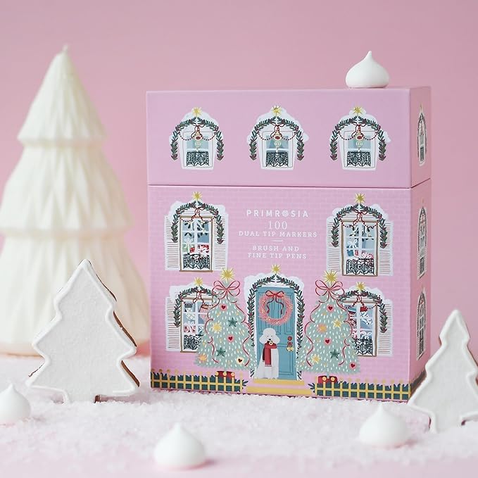 Primrosia 100 Dual Tip Marker Pens, Christmas Edition Gift Box. Fine & Brush Tip Set for Journaling, Calligraphy, Colouring, Sketching & Drawing. Artist Pens in Designer House Keepsake Box