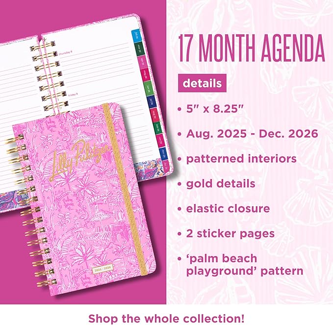 Lilly Pulitzer Medium Planner August 2025 - December 2026, Weekly Agenda & Monthly Calendar, Stickers, Pockets, Spiral Binding, 5" x 8.25" (Palm Beach Playground)