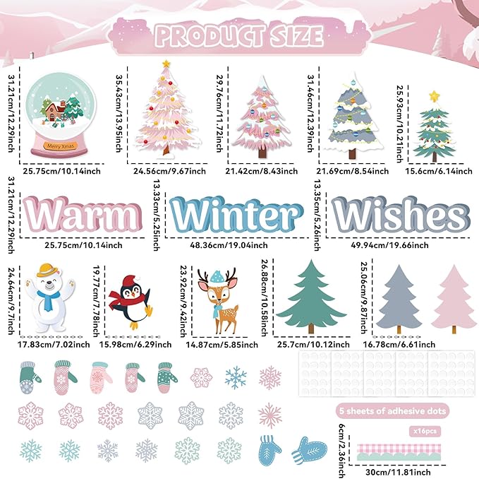 Winter Bulletin Board Set Classroom Decorations Pastel Xmas Tree Snowflake Gloves Paper Cutouts Warm Winter Wishes Bulletin Board Christmas Cutout for School Home Office Wall Door Decor Supplies