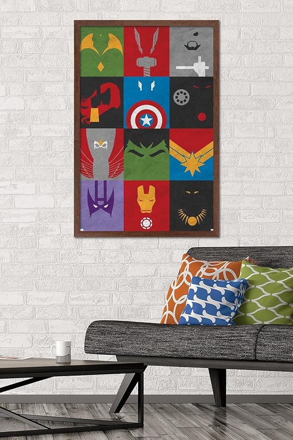 Trends International Marvel Comics - Avengers - Minimalist Grid Wall Poster, 22.375" x 34", Mahogany Framed Version