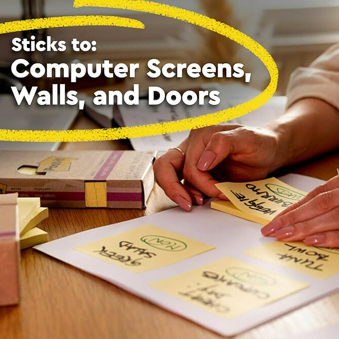 Post-it 100% Recycled Paper Super Sticky Notes, Canary Yellow, 3 in. x 3 in., 24 Sticky Note Pads, 70 Sheets per Pad, New Year Organization or Second Semester School Supplies