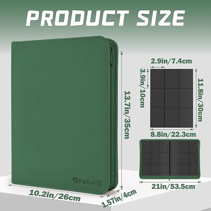 Card Binder 9 Pocket with Zipper,360 Pockets Trading Card Holder Book, Premium PU Cover Zip Folder Binder for TCG, MTG,Sports Cards, Game Cards (Greens)