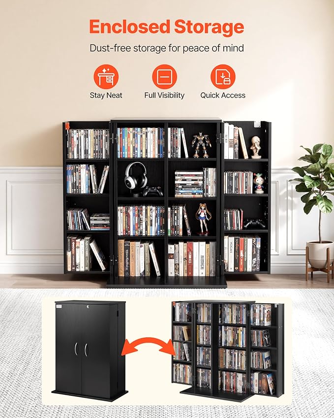 VEVOR Media Storage Cabinet, 4-Tier DVD Shelf Organizer, 24.02 x 14.49 x 33.31 in Multimedia Storage Organizer for CDs, DVDs, Books, Games, CD Shelf for Living Room, Home Office, Recording Room, Black