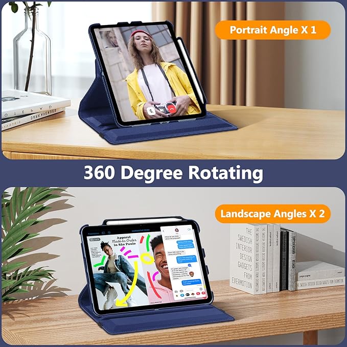 Fintie Rotating Case for iPad (A16) 11th Generation 11 Inch (2025), iPad 10th Generation 10.9 Inch (2022) - [Built-in Pencil Holder] 360 Degree Rotating Protective Stand Cover, Navy