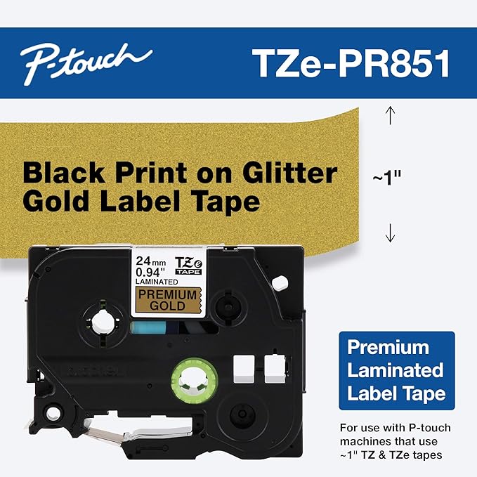 Brother P-touch TZe-PR851 Black Print on Premium Glitter Gold Laminated Tape 24mm (0.94”) wide x 8m (26.2’) long