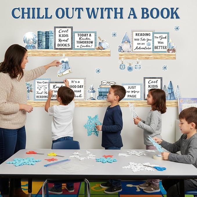 Qilery Winter Reading Bulletin Board Set – Christmas Classroom Decorations with Snowflakes & Book Quotes, Holiday Literacy Wall Decor for Teachers, School Library, Seasonal Reading Corner Display
