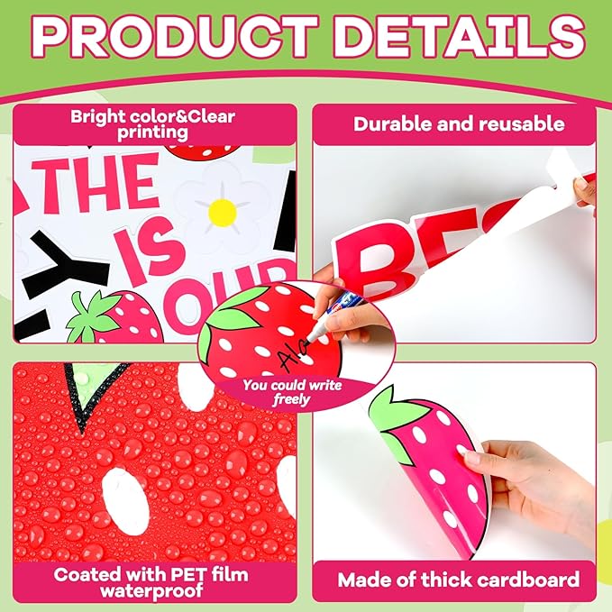 ZOIIWA Back to School Strawberry Bulletin Board Decorations Berry Flower Classroom Decor Bulletin Board Borders Pink Paper Cutouts Set for Teacher School Office Supplies Summer Spring Party Wall Decor