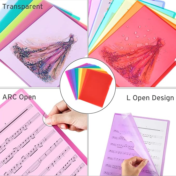 Sooez 50 Pack Clear Document Folder Project Pockets, Clear Plastic Folders Letter Size Plastic Document Folders Paper Poly Jacket Sleeves Folders Copy, 5 Assorted Colors