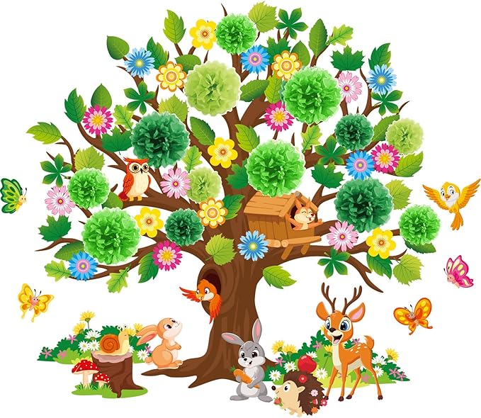 Pajean 110 Pieces Classroom Tree Bulletin Board Set Spring Tree Bulletin Board Decoration with Paper Pom Poms 3D Flowers Leaves Butterfly Cutouts for School Classroom Home Wall Chalkboard Decor