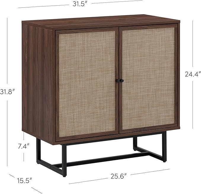Nathan James Kova Bohemian Rattan Accent Sideboard Storage Cabinet, with Doors and Matte Black Legs, Dark Brown/Black
