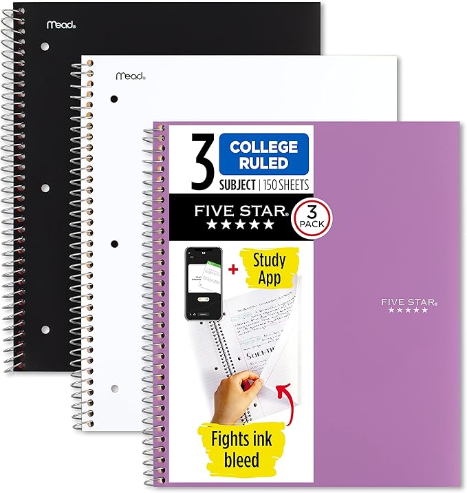 Five Star Spiral Notebook + Study App, 3 Subject, College Ruled Paper, 11" x 8-1/2", 150 Sheets, Assorted Colors, 3 Pack (820192)