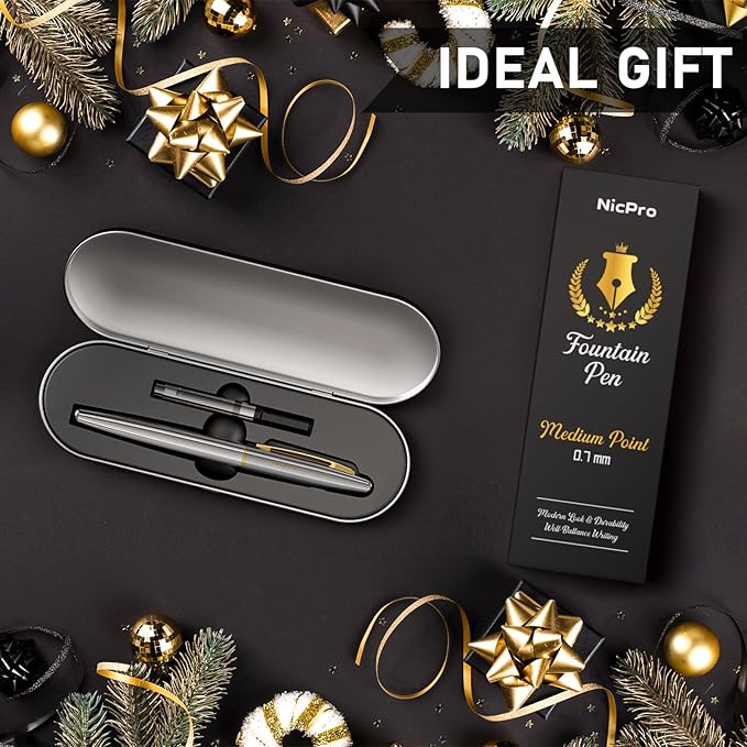 Nicpro Fountain Pen Set with Box, Classic Silver-Gold Fancy Pen with Converter, 0.7mm Medium Nib Smooth Writing Calligraphy, Office, Business, Luxury Gift Pen (Pack of 2)