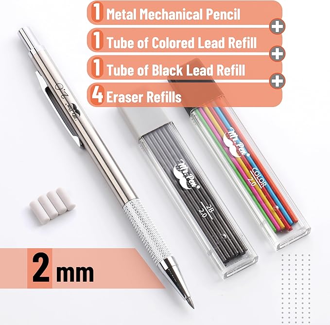Mr. Pen- 2mm Mechanical Pencil, Metal, 2mm, Drafting Pencil, Metal Mechanical Pencils, Drawing Mechanical Pencils, Lead Holder (Pack of 2)