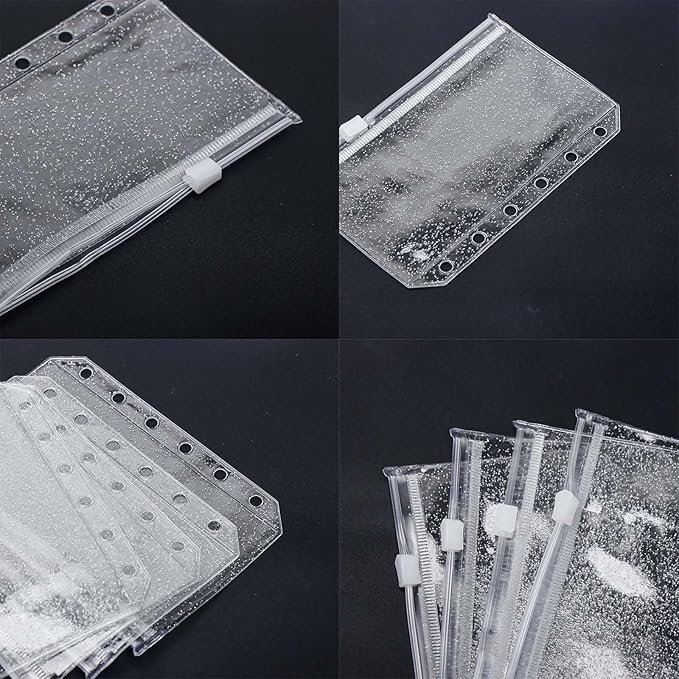 10pcs A7 Cash Stuffing Envelopes Zipper Binder Pockets Clear Glitter PVC 6 Hole Zip Sleeves Loose Leaf Pouches for 6 Ring Binder Planner (A7 3.35" x 5.12")