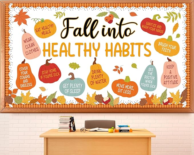 Fall Healthy Bulletin Board Set Fall Into Healthy Habits Bulletin Board Autumn Pumpkin Classroom Paper Cutouts Maple Leaves Poster for Thanksgiving Classroom Teacher Chalkboard Office Wall Door Decor