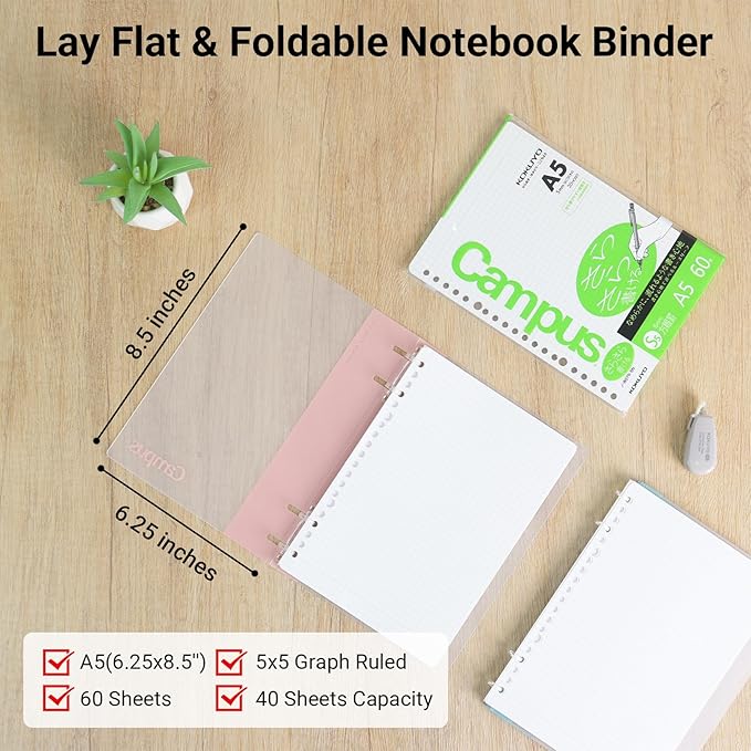 KOKUYO Campus 2x2 Spiral Binder Notebook Set, A5 Refillable Notebook + 60 Refill Papers with 5x5 Graph Ruled, 40 Sheet Capacity, Pink, Perfect for Work, Study & Journal, Japan Import
