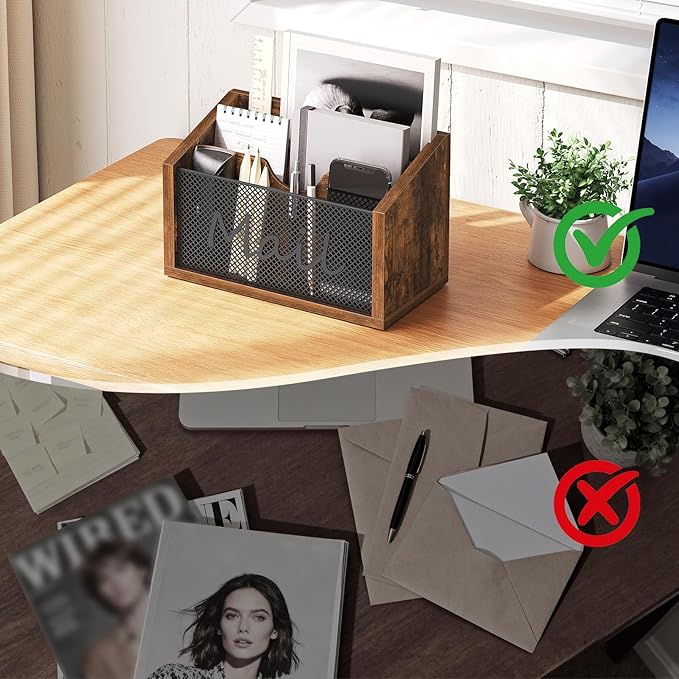 Mail Organizer Countertop, Mail Holder with 3 Slots, Mail Sorter for Desk, Wooden Office Desk Organizer, Mail Organizer for Magazines, Files, Papers, Folders, Rustic Brown and Black MR03BR