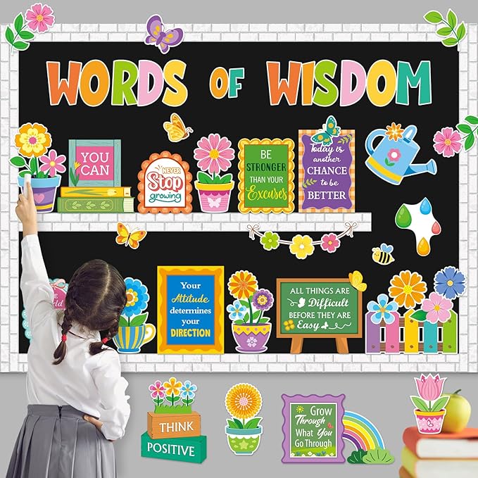 57 Pcs Spring Floral Bulletin Board Set Inspirational Flower Bulletin Board Decoration Positive Cutout Classroom Decoration for School Office Home Teacher Classroom Wall Supplies