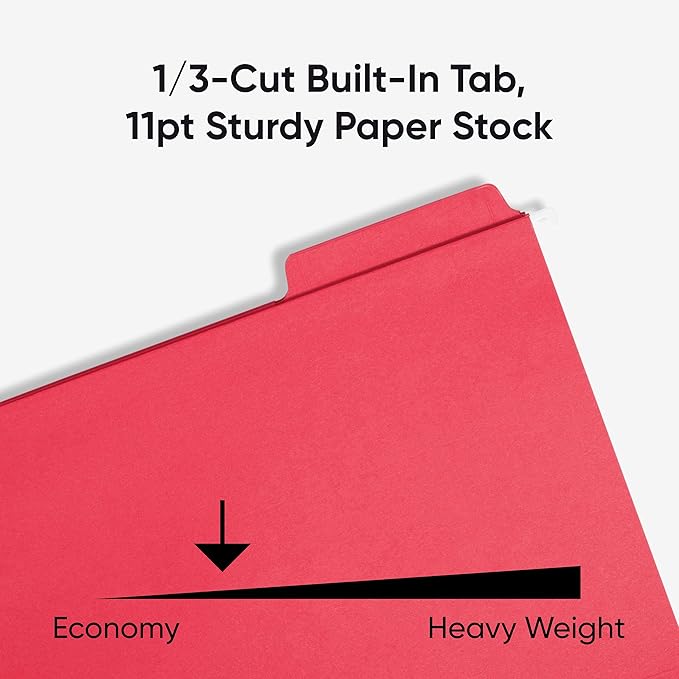 Smead FasTab Hanging File Folder, 1/3-Cut Built-in Tab, Letter Size, Red, 20 Count (64096)