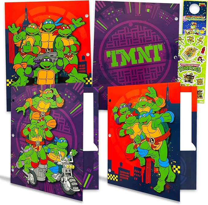 Teenage Mutant Ninja Turtles Folder Set - Bundle with 4 Laminated Folders with 2 Pockets Each for Office, Class, Plus More | TMNT School Supplies