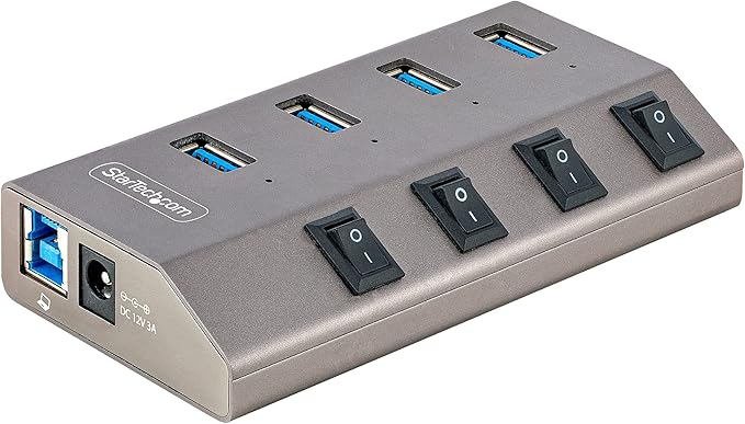 StarTech 4-Port Self-Powered USB-C Hub with Individual On/Off Switches, USB 3.0 5Gbps Expansion Hub w/Power Supply,Desktop/Laptop USB-C-USB-A Hub, USB Type C Hub w/BC 1.2(5G4AIBS-USB-HUB-EU),SpaceGray