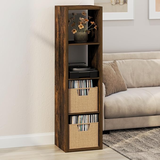 Furinno Cubicle Record Player Stand with Vinyl Storage, 4-Cube 1.2 Extra Thick Vinyl Record Storage, Open Back Media Shelf for CD DVD Blueray Game Disc, for Living Room, Home Office, Amber Pine