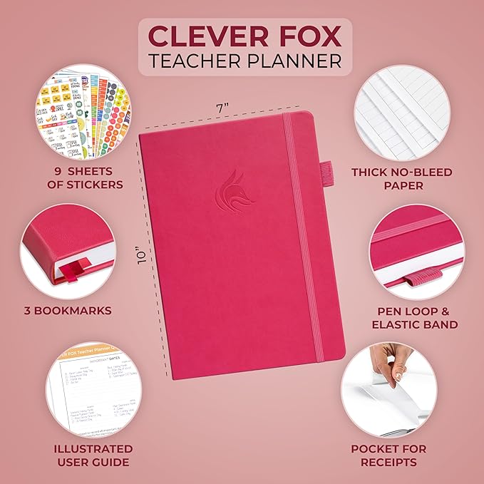 Clever Fox Teacher Planner – School Year Planner with Calendars & Lesson Plans – Teacher Plan Book for Classroom & Homeschool Organization - Undated, 7x10″, Hardcover (Fuchsia)