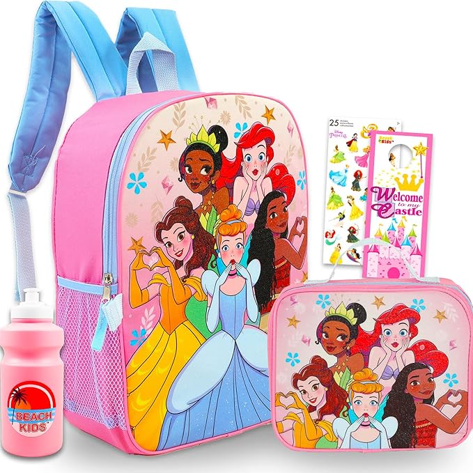 Disney Princess Backpack and Lunch Box Set - Bundle with 15" School Bag, Lunch Bag, Water Bottle, Stickers, More | Disney Princess Backpack with Lunchbox for Girls, Kids