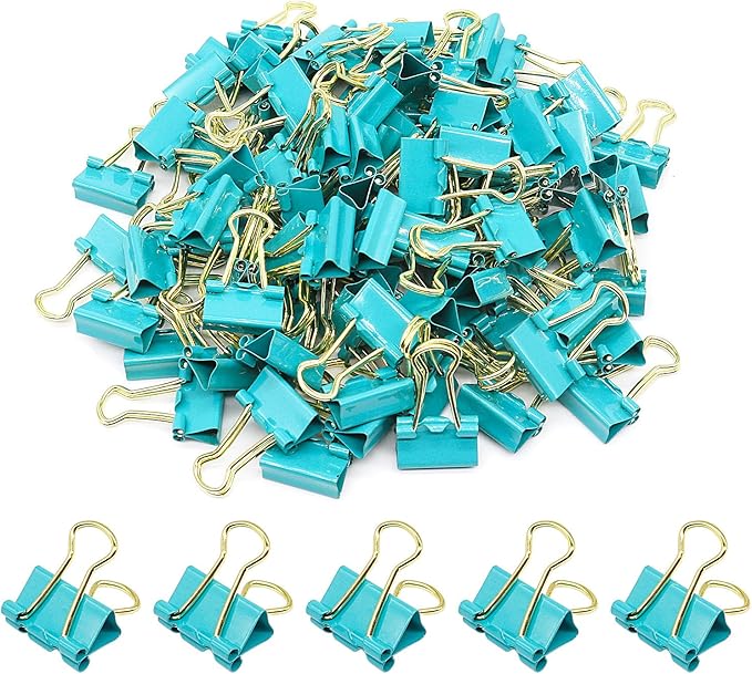Binder Clips, Mini Paper Clip, Small Paper Clamps 15mm (5/8 inch), 100 Pack Micro Size Office Clips for Home School and Business (Blue-Green)