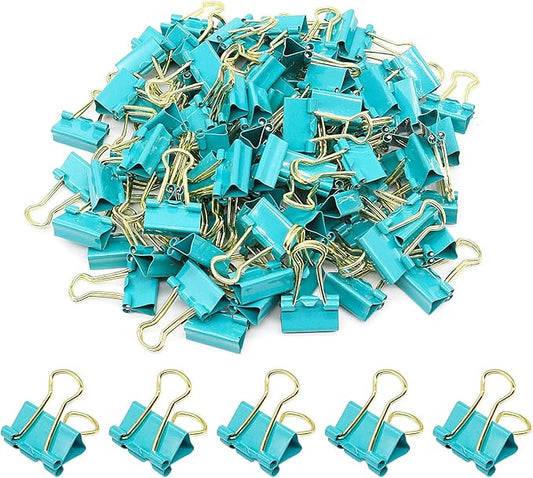 Binder Clips, Mini Paper Clip, Small Paper Clamps 15mm (5/8 inch), 100 Pack Micro Size Office Clips for Home School and Business (Blue-Green)