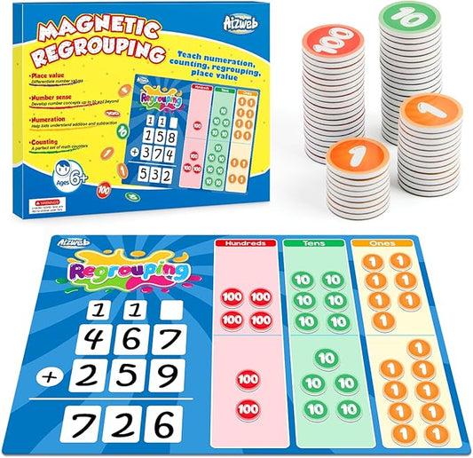 Aizweb Magnetic Regrouping Base Ten Place Value Chart,Addition and Subtraction Math Manipulatives,Dry Erase Board for 1st 2nd 3rd Grade Classroom Must Haves,Hands On Regrouping Math Games for Kids