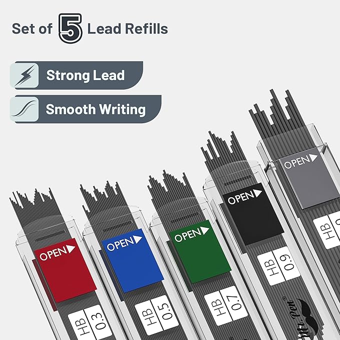 Mr. Pen Mechanical Pencil Set with Lead and Eraser Refills, 5 Sizes - 0.3, 0.5, 0.7, 0.9 and 2 Millimeters, Drafting, Sketching, Illustrations, Architecture