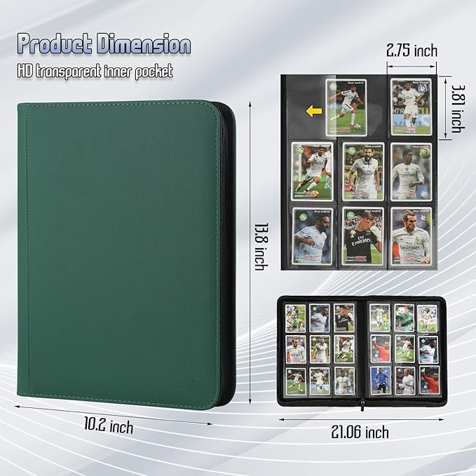 9 Pocket Card Binder - 540 Capacity with Zip Closure Premium, Double-Sided,Sturdy & Sleek PU Leather Protector for MTG, TCG, Sport & Collectible Cards (green)