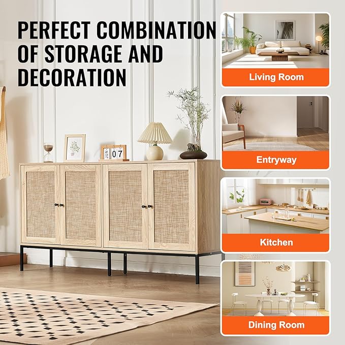 VEVOR Rattan Storage Cabinet with 4 Magnetic Doors and Adjustable Shelves, Sideboard Buffet for Hallway, Entryway, Living Room, or Kitchen, Natural