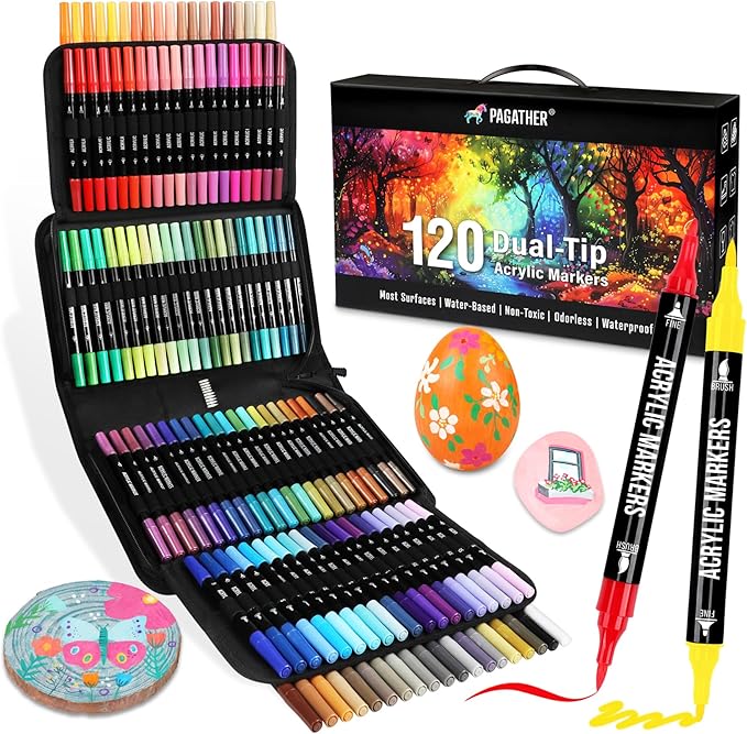 120 Colors Acrylic Paint Markers, Dual Tip Fine and Brush Tips Pens Contain 24 Metallic Color for Stone, Wood, Calligraphy, Canvas, Ceramic, Metal, Glass, Rock Painting, DIY Crafts Art Supplies Kit