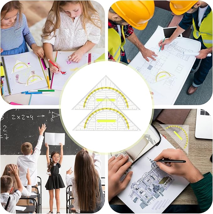 4 Pcs Multifunctional Triangle Ruler with Handle, Plastic Triangle Ruler Protractor Geometry Set Transparent Set Square Drafting Ruler for Architectors Designers Engineers Drawing Tools