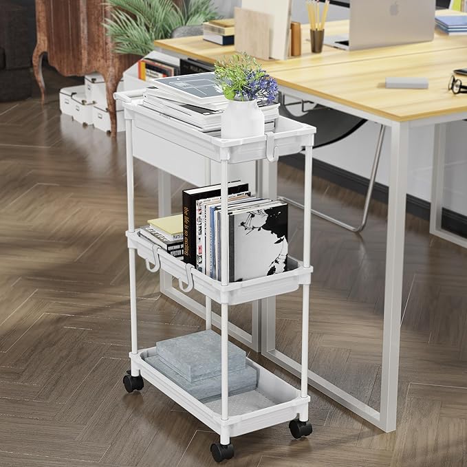 SimpleHouseware Standard 3-Tier Slim Rolling Storage Cart, White