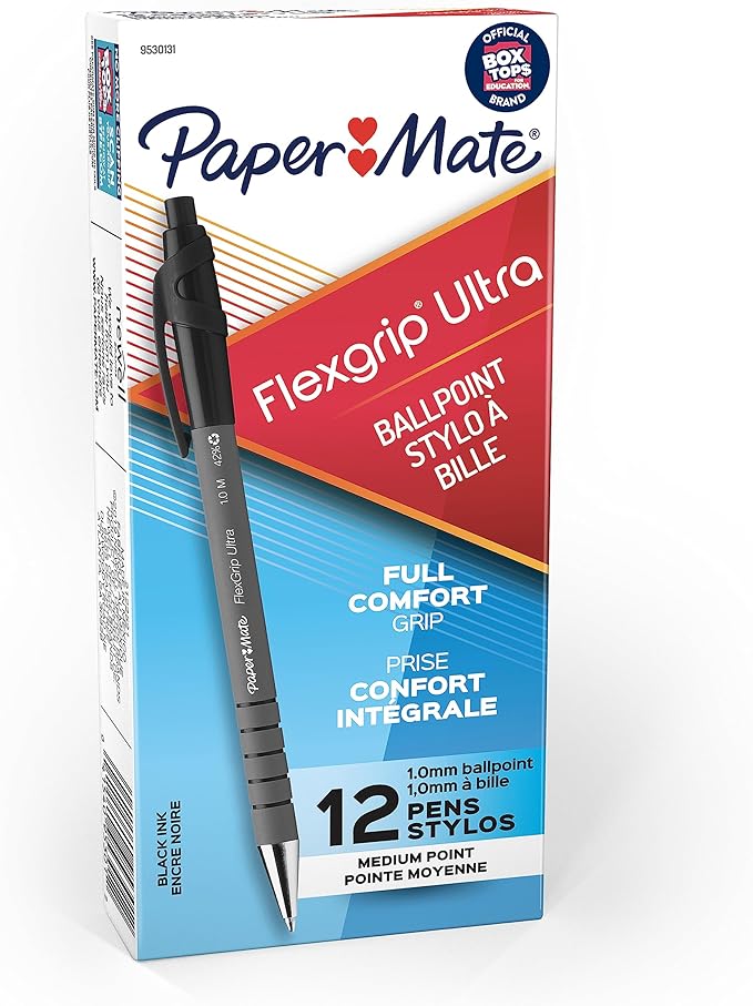 Paper Mate FlexGrip Ultra Retractable Ballpoint Pens Medium Point Black Box of 12