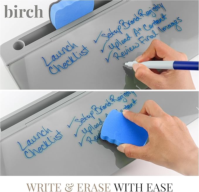 Birch Small Desktop Whiteboard – Glass Dry Erase Board Desk Pad Keyboard Stand with Storage Compartment, Adjustable Dividers, 3 Markers & Marker Holder – Perfect for Office, Home, & School (Charcoal)