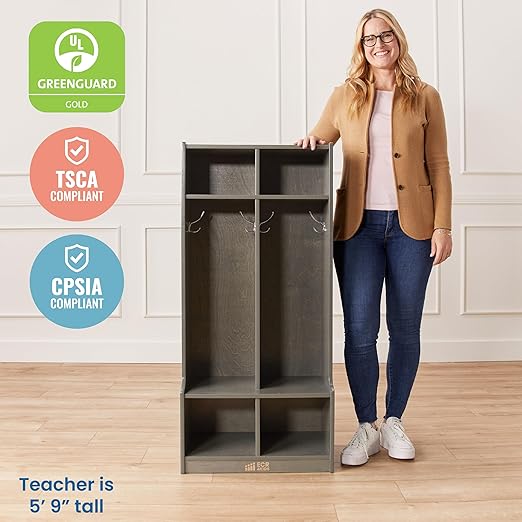 ECR4Kids 2-Section Coat Locker with Bench and Cubby Storage, Classroom Furniture, Grey Wash