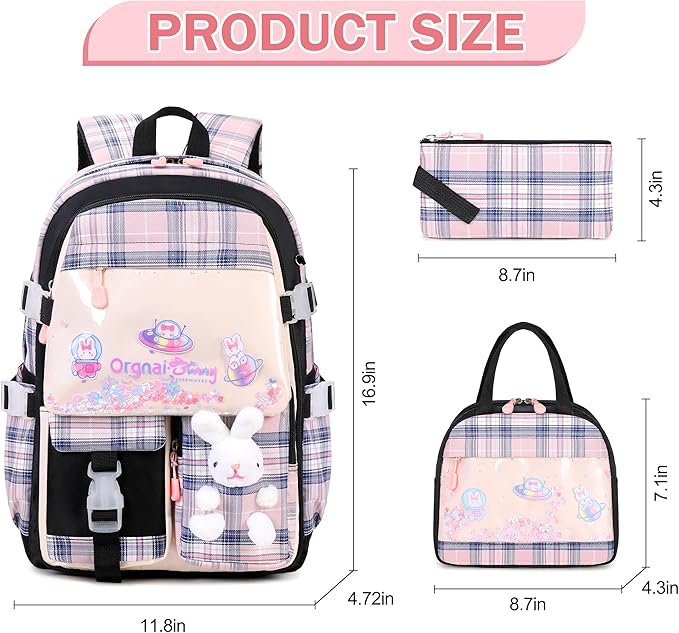 Girls Backpack Set, 3PCS Kids Backpacks for Girl, Kawaii Bunny School Backpack for Girls Kindergarten Elementary Preschool Middle School Bags with Lunch Box Pencil Case Blackpink-Plaid