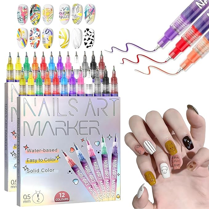 12 Colors Nails Art Pens Set,0.55mm Ultra Fine Tip,Upgraded Gel Nail Markers for 3D Designs,DIY Nail Painting Detail Drawing Tools (B-2 Set)