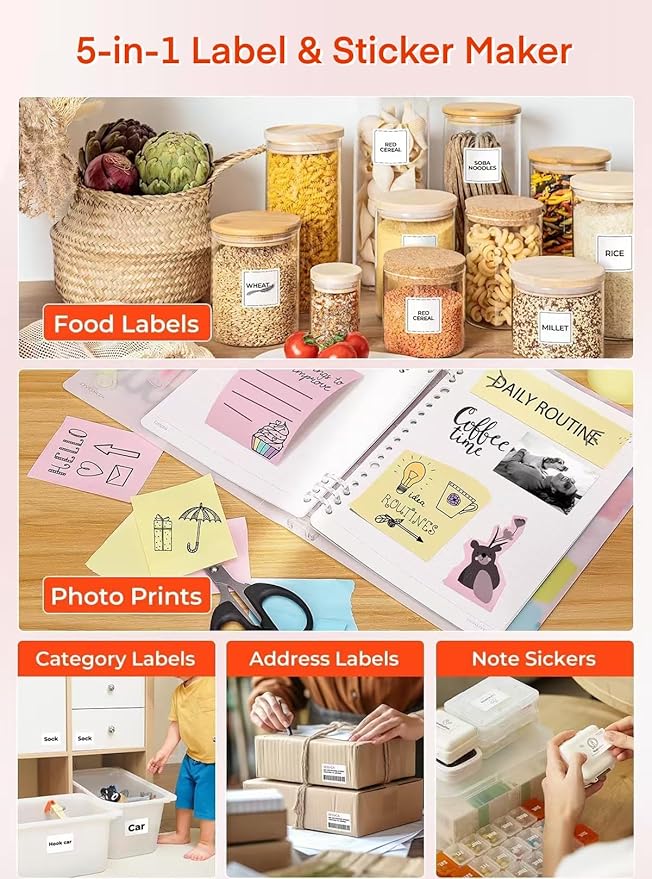 MUNBYN 5-in-1 Label Maker Machine – Bluetooth Thermal Label Printer for Stickers & Barcodes, App-Connected, Multiple Templates, No Subscription, Portable for Small Business, Home&Crafts, Pink