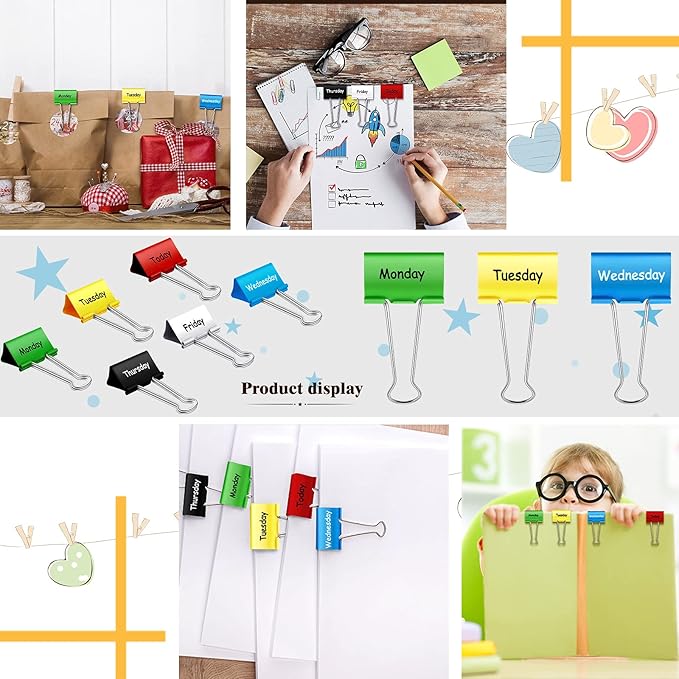 Tenare 6 Pieces Teacher Essentials Large Binder Clips 2 Inches Teacher Binder Paper Clips Office Back to School Gifts Classroom Supplies Management Supplies(Days of The Week)