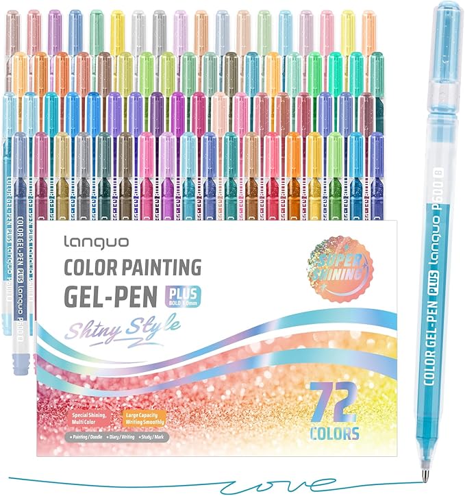 Glitter Gel Pens, 72 Pack Glitter Pens For Adults Coloring Books, 1.0mm Point Colored Pens, Large Capacity Ink Pens for Coloring, Writing, Drawing, Journaling, Note Taking, Office, Home