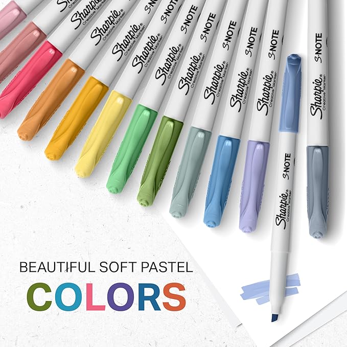 SHARPIE S-Note Creative Markers, Pastel Highlighters, Art Marker Set, Assorted Colors, Chisel Tip, 12 Count