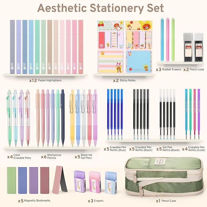 62PCS Aesthetic Stationery Set with Pencil Case, No Bleed Highlighters, Gel & Erasable Pens, Mechanical Pencils, Refills, Cute Supplies for Note Taking, Journaling & Bible Study, Green
