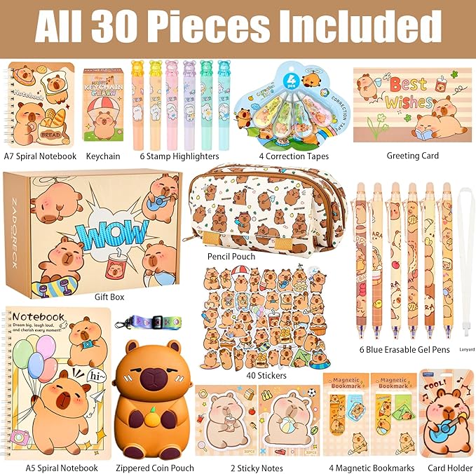 Cute Capybara Stationery Gift Set for Kids,30 Piece Animal Theme School Supplies Kit with Pencil Case,Notebook & Stickers,Practical and Fun for Birthday,Easter& Festivals Gift Girls Boys