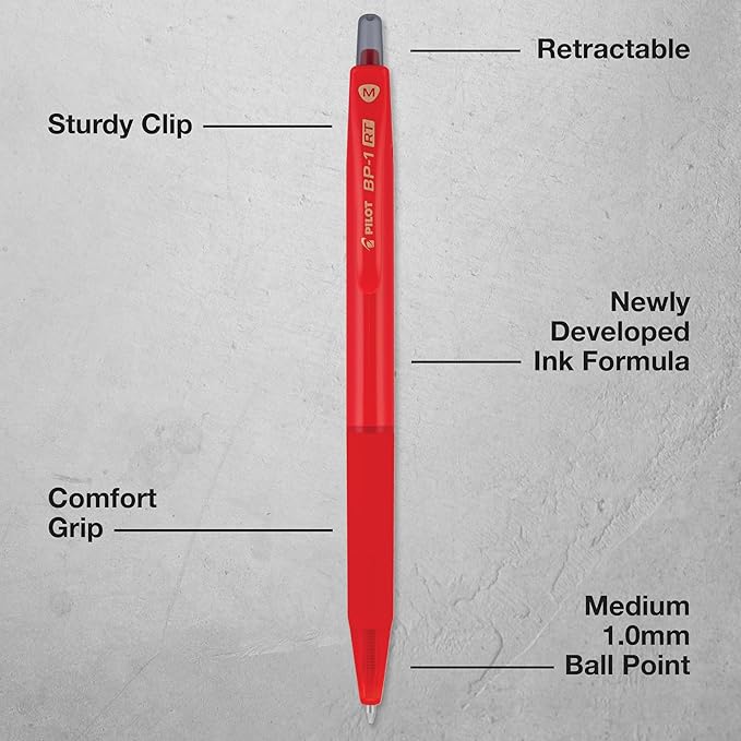 Pilot BP-1RT Advanced Ink, Retractable Ballpoint Red Ink Pens, Medium Point, Dozen Box, 1mm